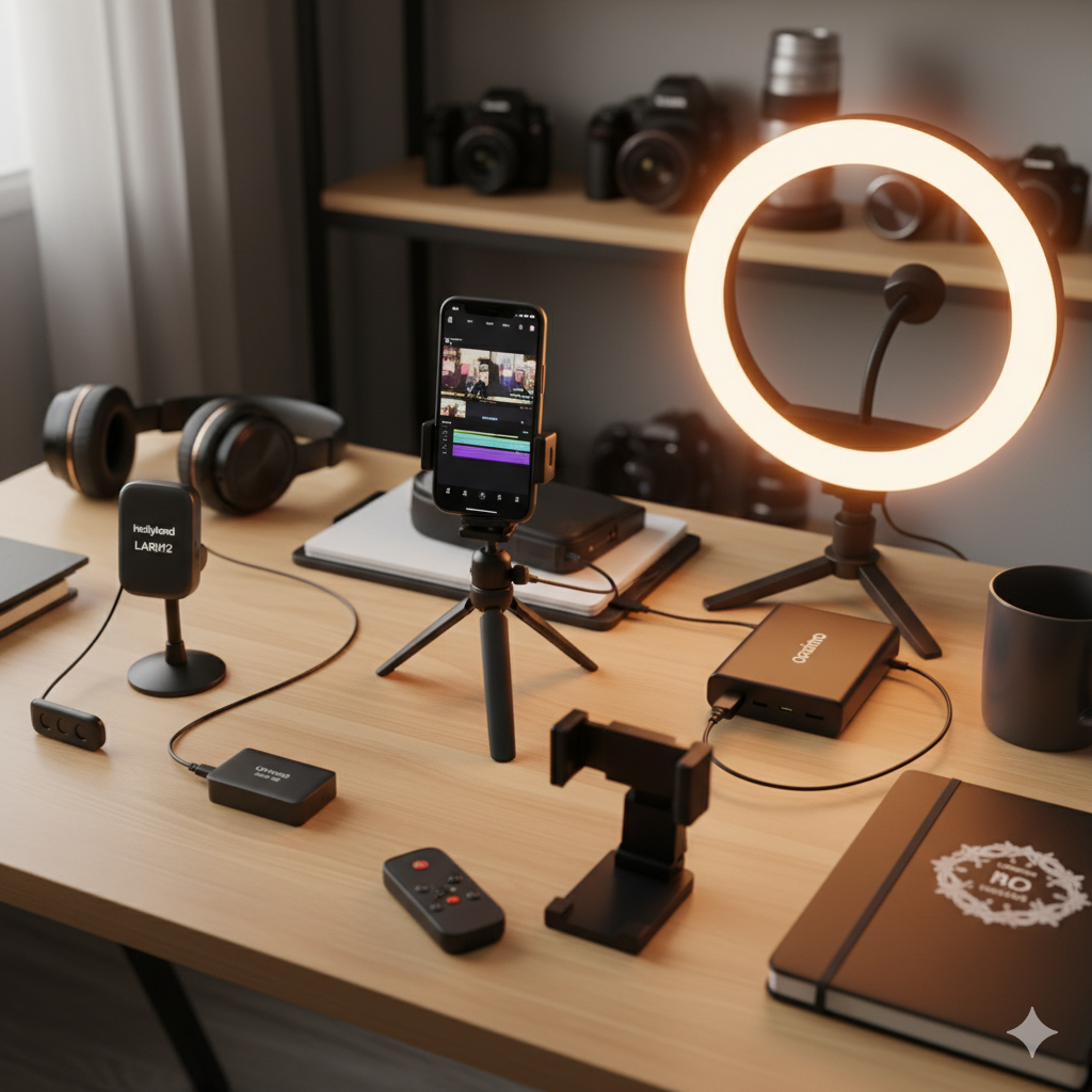 میز کار تولید محتوا با گجت‌های هوشمند شامل میکروفون Lark M2، رینگ‌لایت Oraimo RL-203، سه‌پایه JMary، پاوربانک Oraimo و هولدر موبایل بلوتوث‌دار در سال ۲۰۲۵