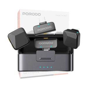 میکروفون یقه‌ای پرودو Orion مشکی با اتصال Type-C و Lightning روی میز سفید